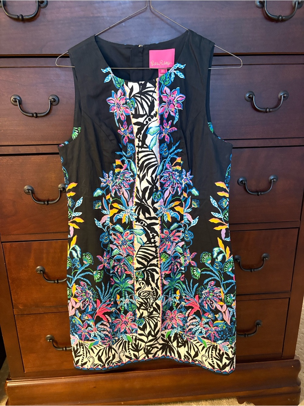 Lilly Pulitzer Black Shift Dress with Multicolor Floral & Zebra Panel